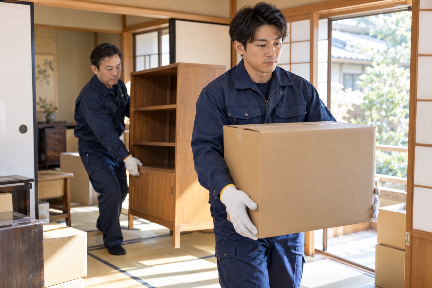 和室から段ボール箱と家具を運び出す作業ユニフォーム姿の遺品整理・不用品回収スタッフ
